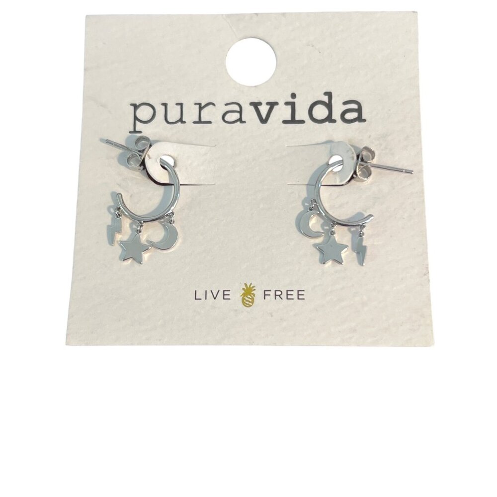 Pura Vida Celestial Charm Huggie Earrings Brass Rhodium Sterling Silver .75" NEW